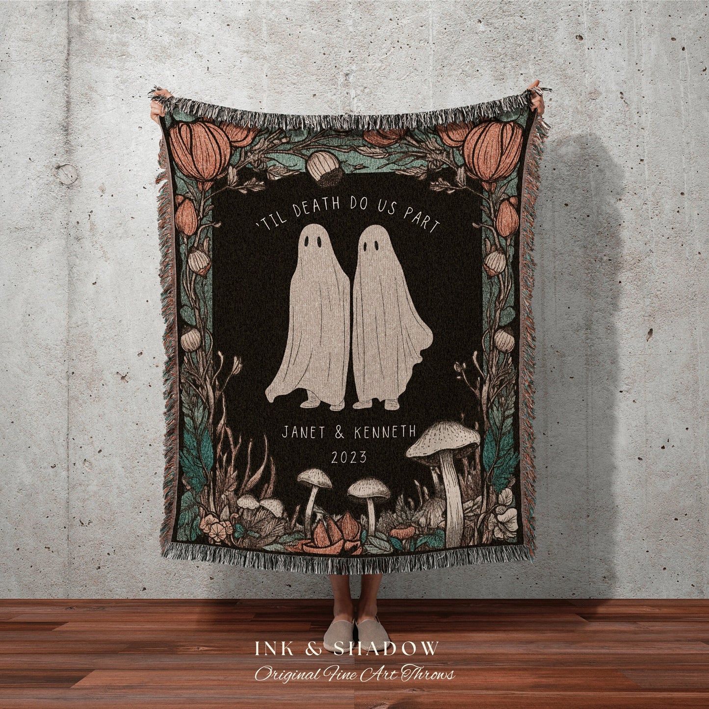 Ghost Friends 'Til Death do us Part' Personalized Blanket | Spooky Halloween Tapestry Woven Ghost Gifts Thoughtful Wedding Anniversary Gift