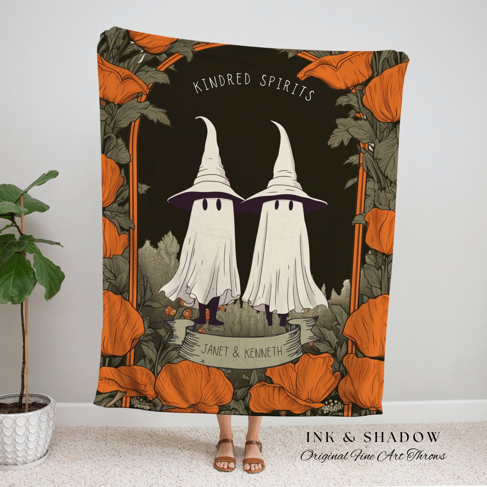 Kindred Spirits Custom Halloween Blanket Personalized Ghost Couple Tapestry | Cottagecore Halloween Tapestry Ghost Blanket Cute Halloween |