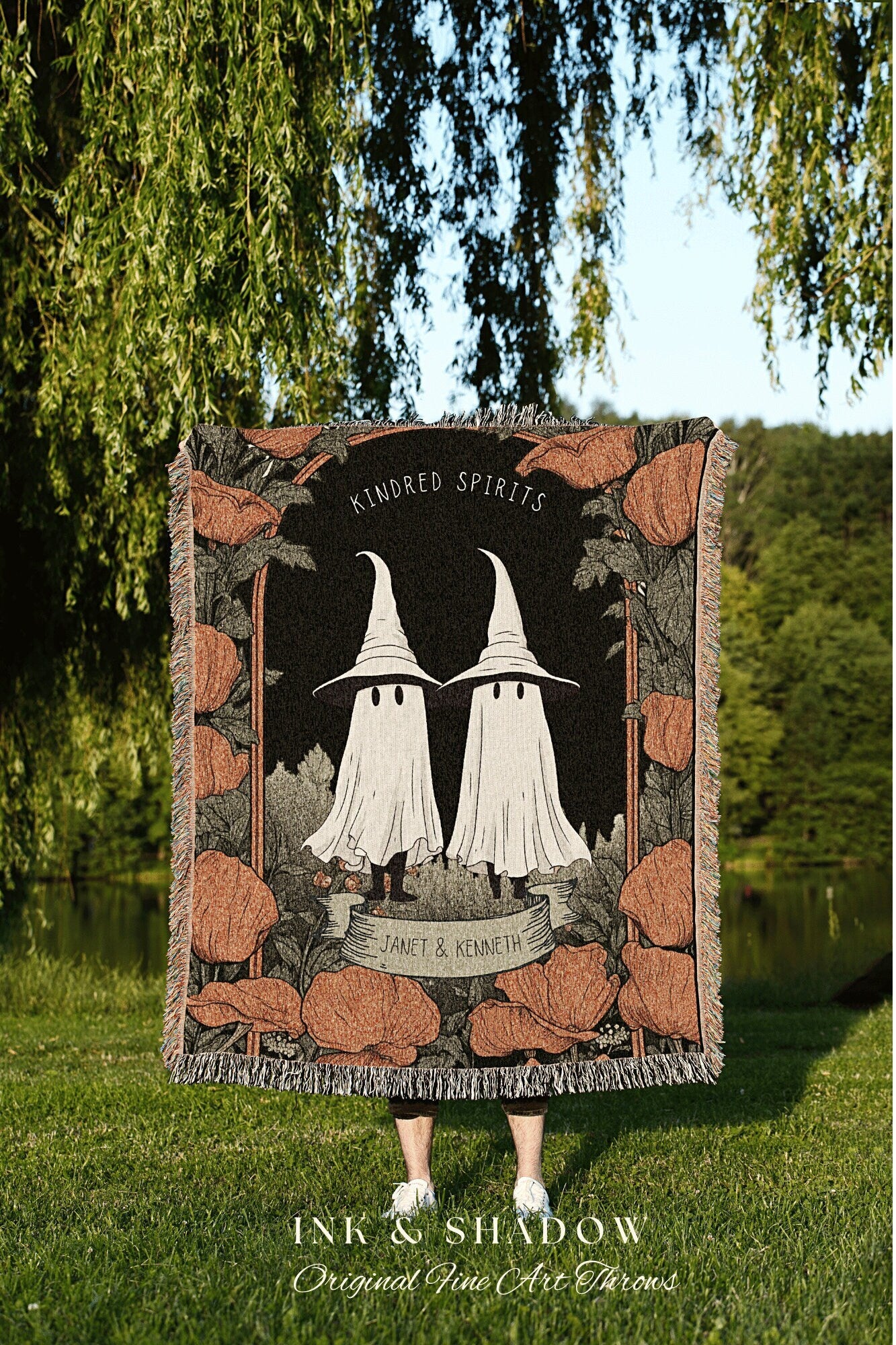 Kindred Spirits Custom Halloween Blanket Personalized Ghost Couple Tapestry | Cottagecore Halloween Tapestry Ghost Blanket Cute Halloween |