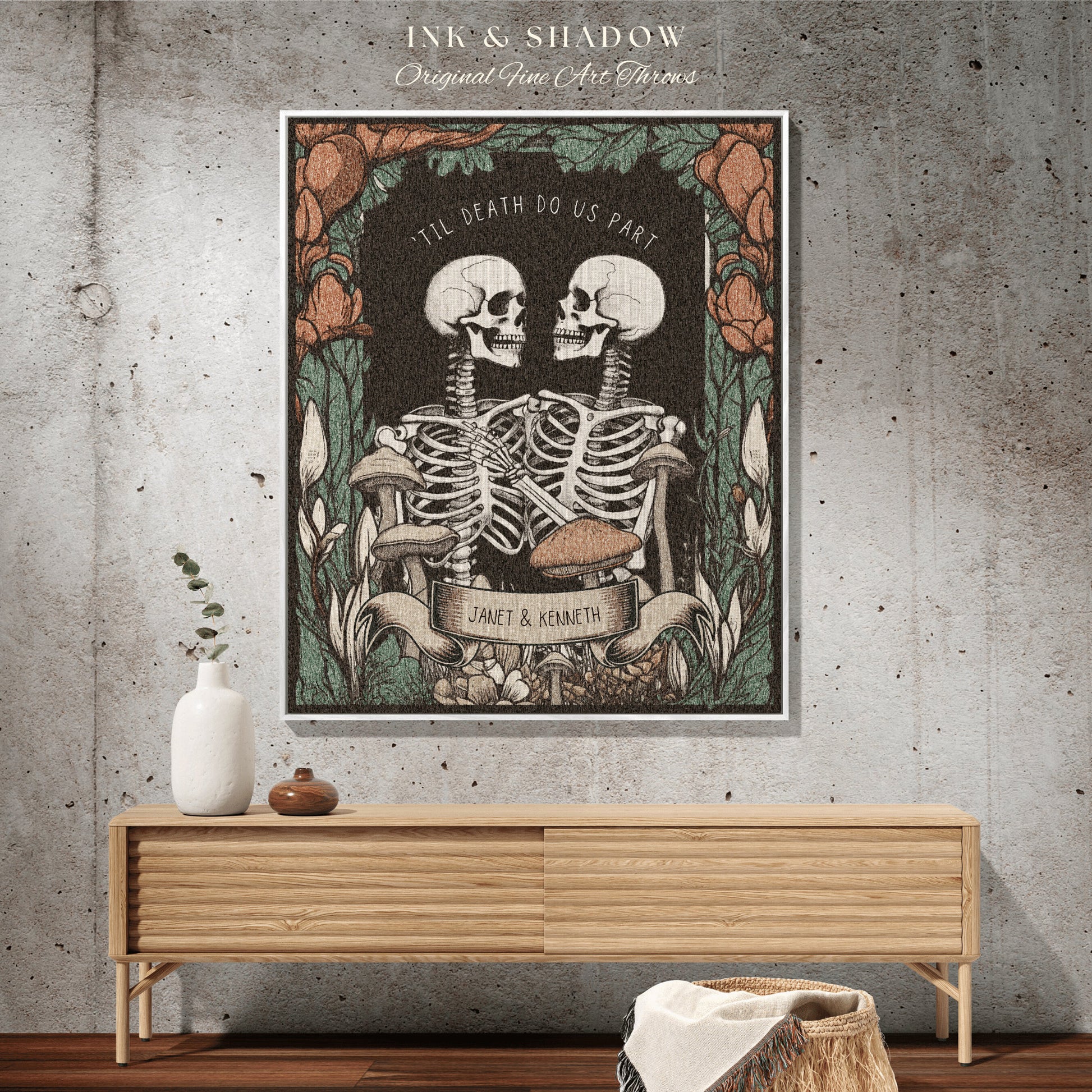 Skeleton Couple Custom Gift 'Til Death Do Us Part' Personalized Tapestry | Gothic Wedding Custom Blanket Woven | Spooky Wedding Gift Custom