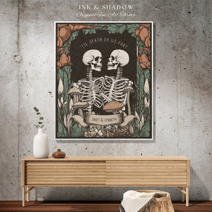 Skeleton Couple Custom Gift 'Til Death Do Us Part' Personalized Tapestry | Gothic Wedding Custom Blanket Woven | Spooky Wedding Gift Custom