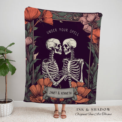 Pastel Floral Skeleton Couples Gift 'Under Your Spell' Personalized Tapestry | Gothic Wedding Custom Blanket Woven | Halloween Wedding Gift