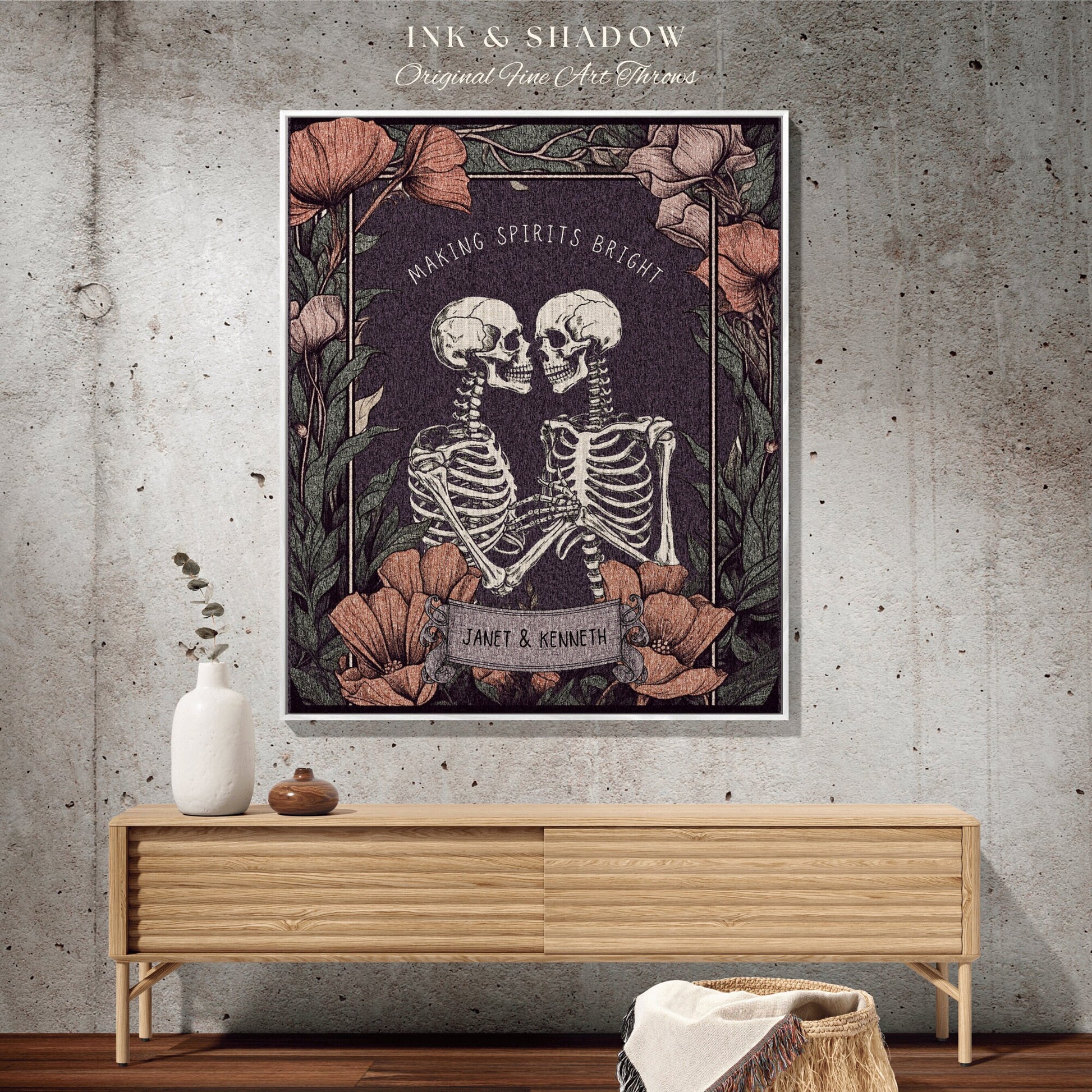 Floral Skeleton Couple Gothic Tapestry 'Making Spirits Bright' Custom Gift Christmas Blanket Woven | Gift Personalized Halloween Blanket |