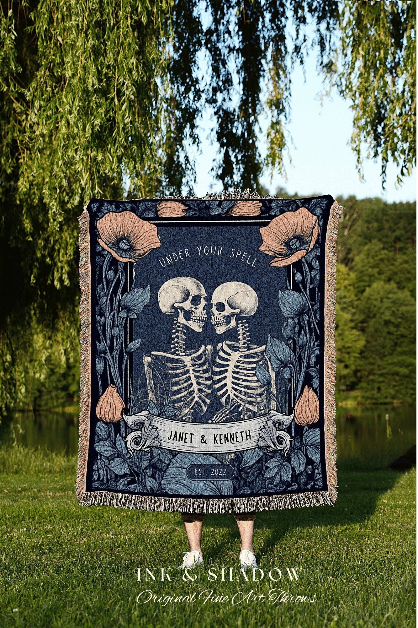 Custom Skeleton Couple Gift 'Under Your Spell' Personalized Tapestry | Gothic Wedding Custom Blanket Woven | Halloween Wedding Gift Custom