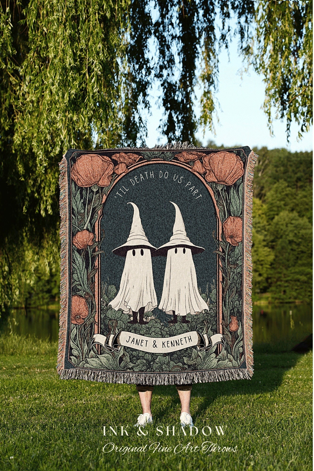 Til' Death do us Part Couples Blanket Personalized Tapestry | Spooky Halloween Tapestry Woven Ghost Gifts Thoughtful Anniversary Gifts Goth