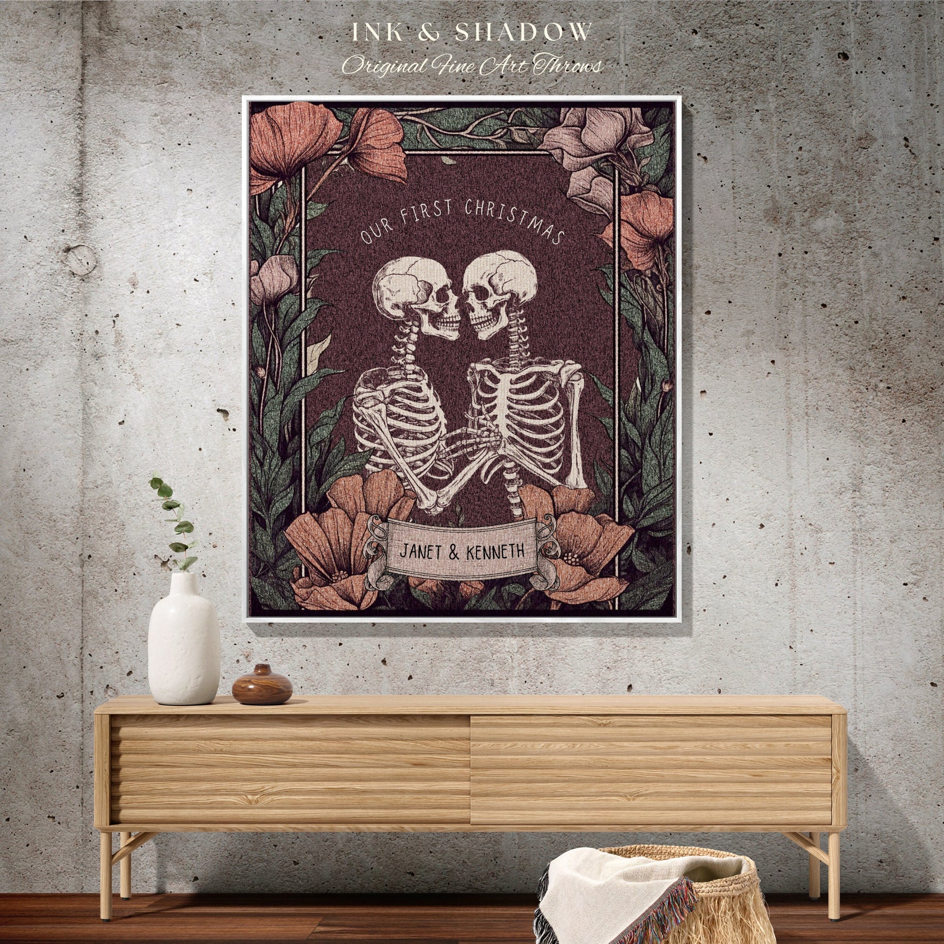 Vintage Halloween Skeleton Tapestry 'Our First Christmas' Custom Gift | Gothic Christmas Custom Blanket Woven | Gift Personalized Halloween