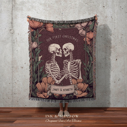 Vintage Halloween Skeleton Tapestry 'Our First Christmas' Custom Gift | Gothic Christmas Custom Blanket Woven | Gift Personalized Halloween