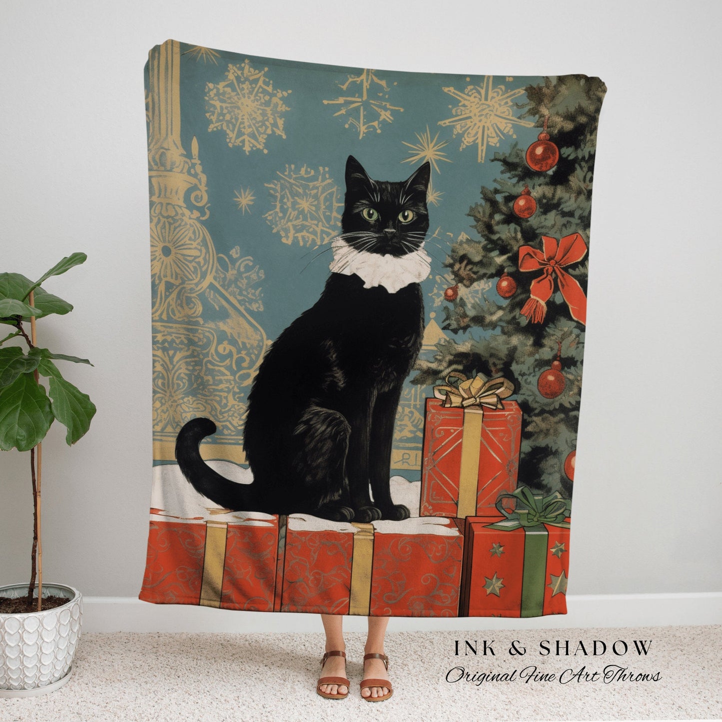 Christmas Cat Tapestry Woven | Whimsical Cat Blanket Fine Art Wall Art Funny Tapestry Whimsigoth Goth Christmas Room Decor Victorian Gothic