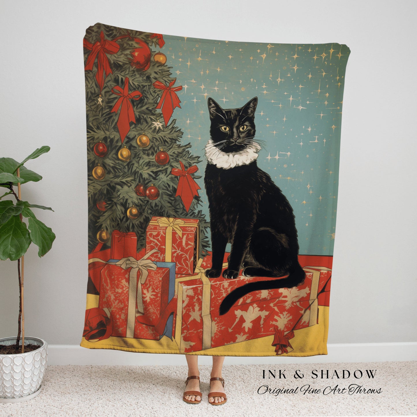 Holiday Cat Tapestry Woven Blanket | Whimsical Cat Blanket Fine Art Wall Art Funny Tapestry Whimsigoth Goth Christmas Room Decor Cute Cat |