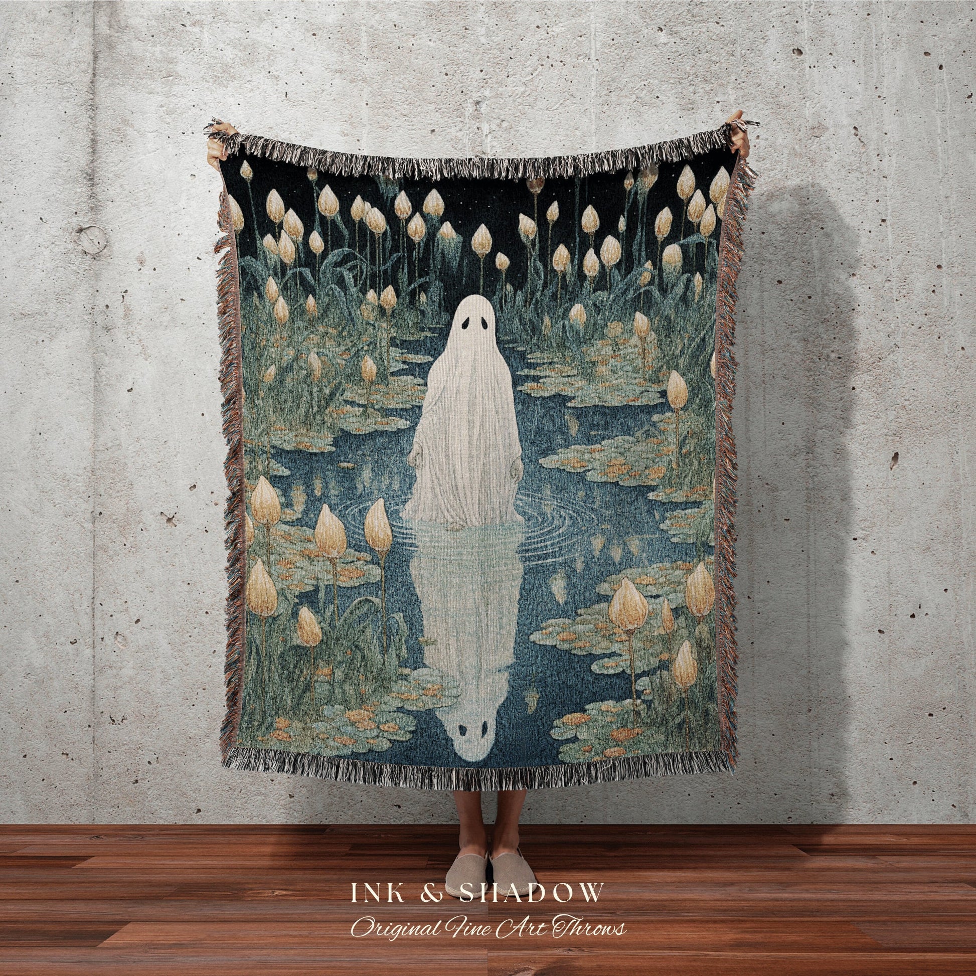 Reflecting Among the Lilypads Cute Ghost Blanket Woven Tapestry | Pastel Home Decor Cute Ghost Wall Goth Room Decor Ghost Painting Tapestry