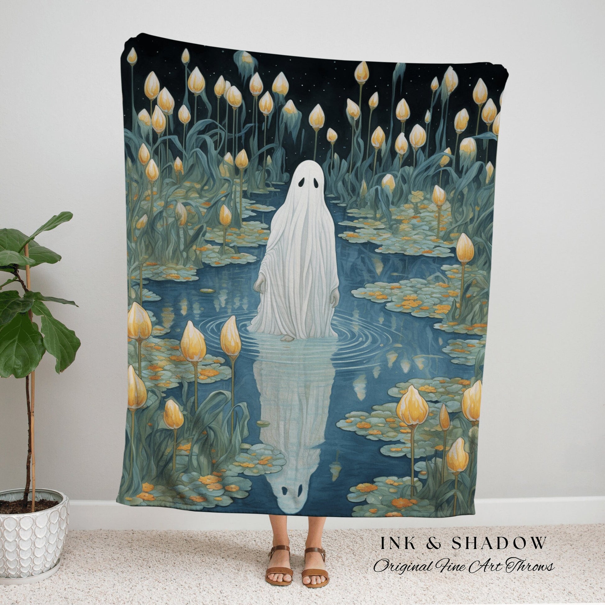 Reflecting Among the Lilypads Cute Ghost Blanket Woven Tapestry | Pastel Home Decor Cute Ghost Wall Goth Room Decor Ghost Painting Tapestry