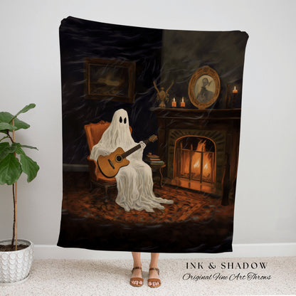 Fireside Ghost Music Blanket Christmas Tapestry Woven | Whimsical Decor Dark Academia Wall Art Gift for Musician Guitar Ghost Painting Goth