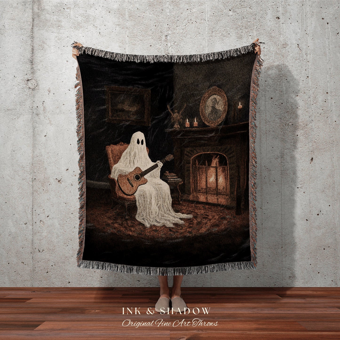 Fireside Ghost Music Blanket Christmas Tapestry Woven | Whimsical Decor Dark Academia Wall Art Gift for Musician Guitar Ghost Painting Goth