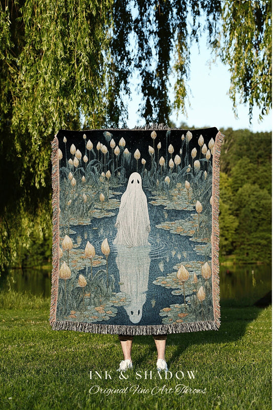 Reflecting Among the Lilypads Cute Ghost Blanket Woven Tapestry | Pastel Home Decor Cute Ghost Wall Goth Room Decor Ghost Painting Tapestry