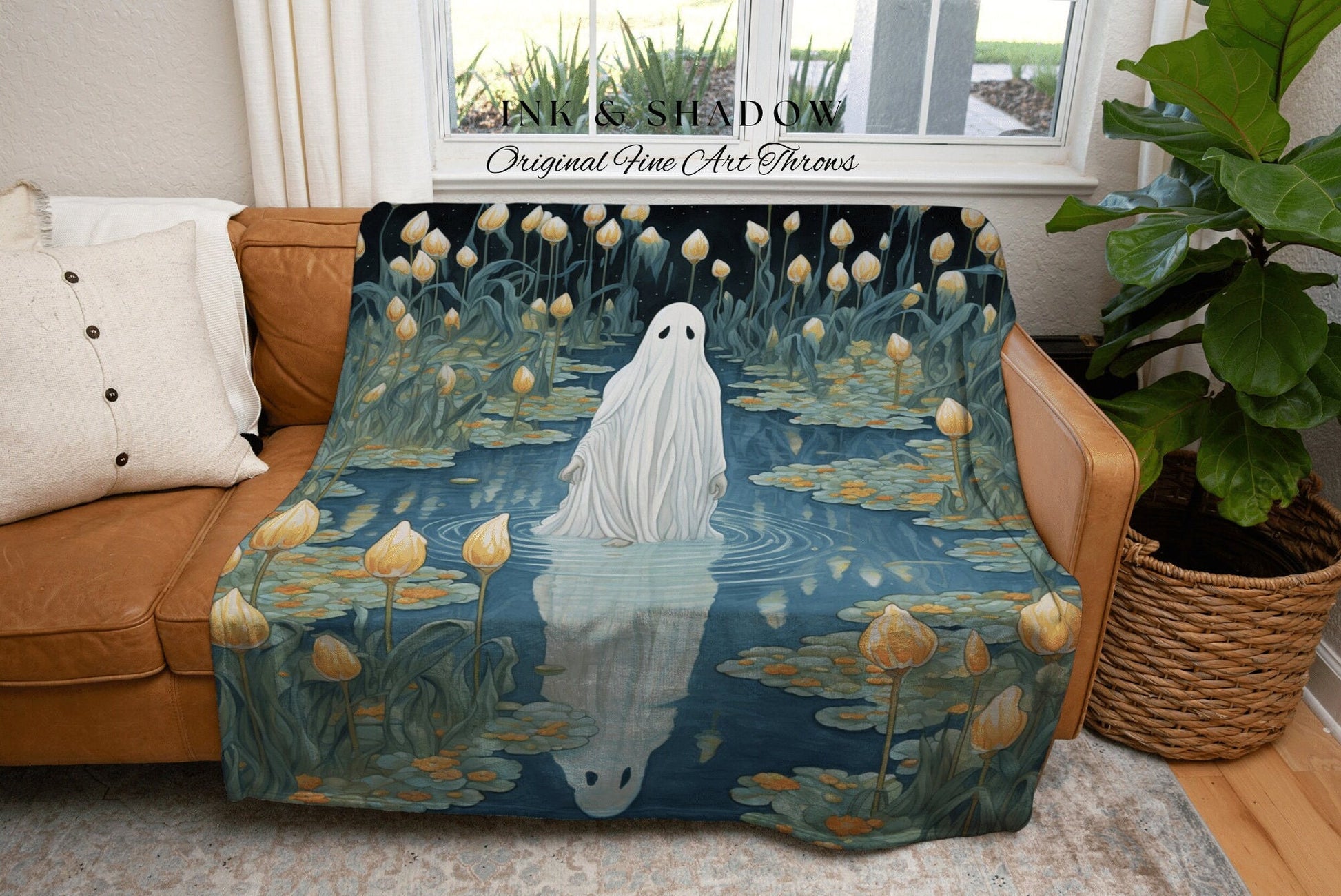 Reflecting Among the Lilypads Cute Ghost Blanket Woven Tapestry | Pastel Home Decor Cute Ghost Wall Goth Room Decor Ghost Painting Tapestry