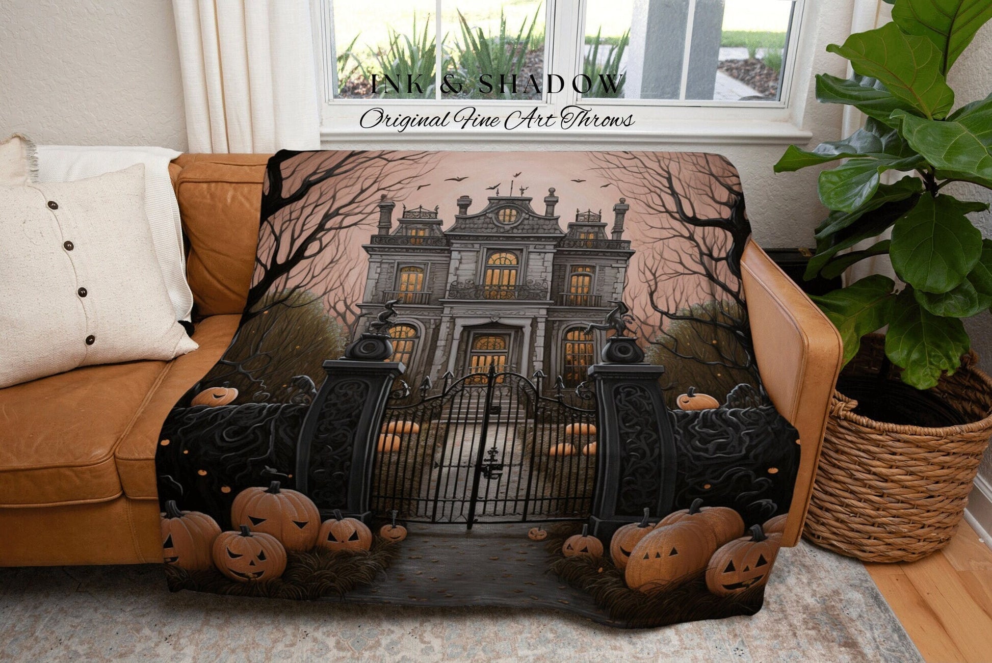 Spooky Mansion Halloween Blanket Woven Tapestry | Gothic Painting Tapestry Woven Blanket Halloween Decor Haunted House Tapestry Crowcore Art