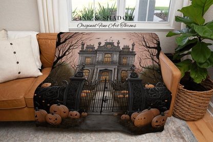 Spooky Mansion Halloween Blanket Woven Tapestry | Gothic Painting Tapestry Woven Blanket Halloween Decor Haunted House Tapestry Crowcore Art