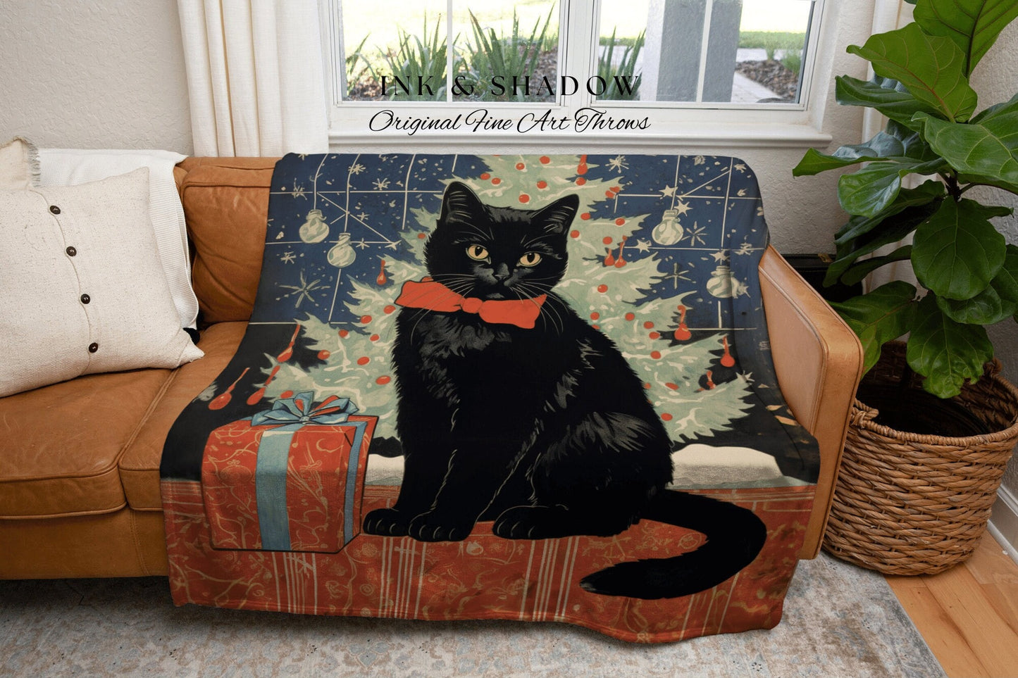 Vintage Yuletide Cat Blanket Woven Tapestry | Whimsical Cat Blanket Eclectic Wall Art Funny Tapestry Whimsigoth Goth Christmas Home Decor |