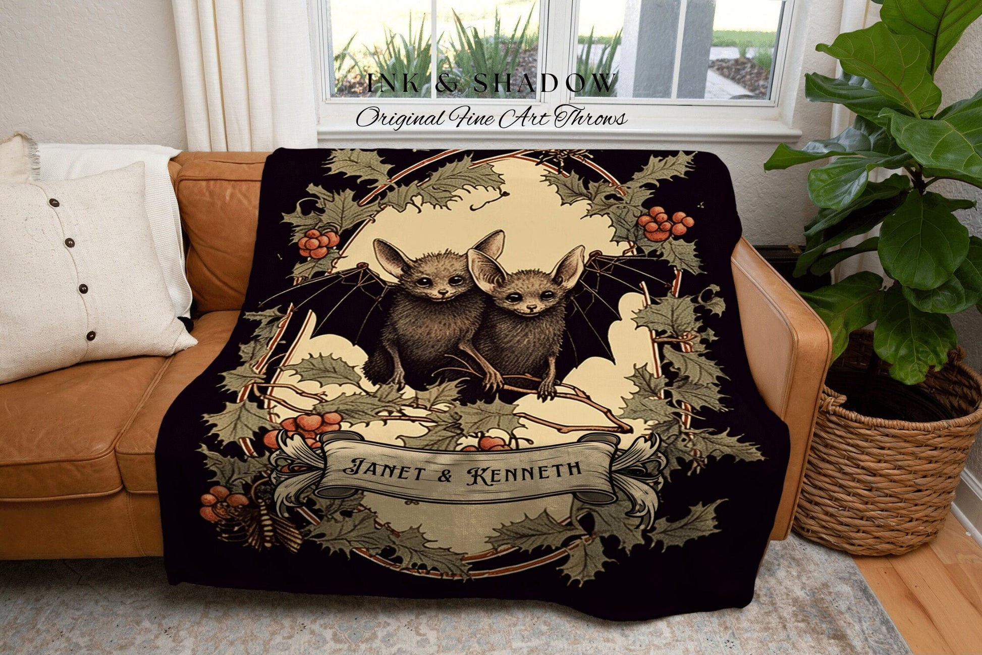 Vintage Bat Blanket Couples Tapestry Custom Gift | Gothic Christmas Personalized Blanket Woven | Gift for Goth Couples Holiday Blanket Bat |