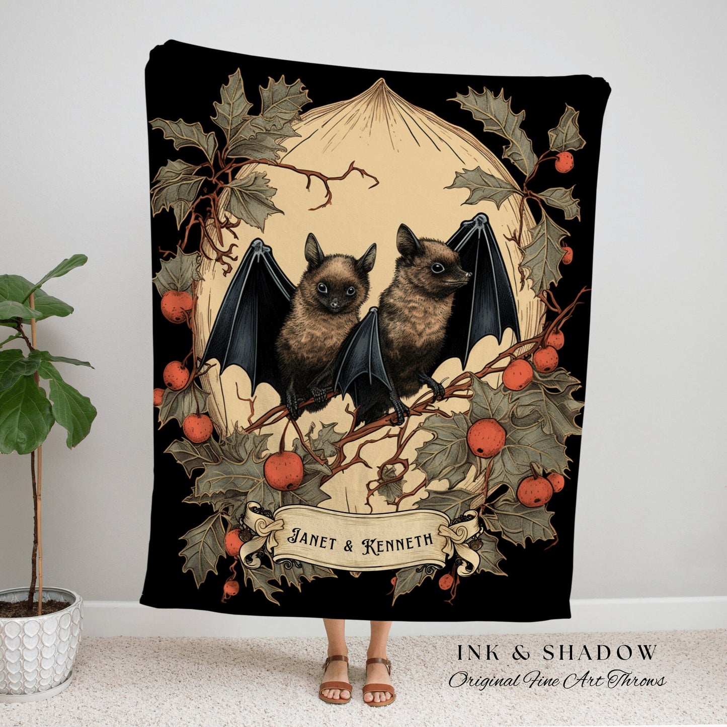 Bat Blanket Vintage Custom | Personalized Couples Gift Gothic Wedding Custom Blanket Woven | Gift for Goth Couples Holiday Bat Blanket Goth