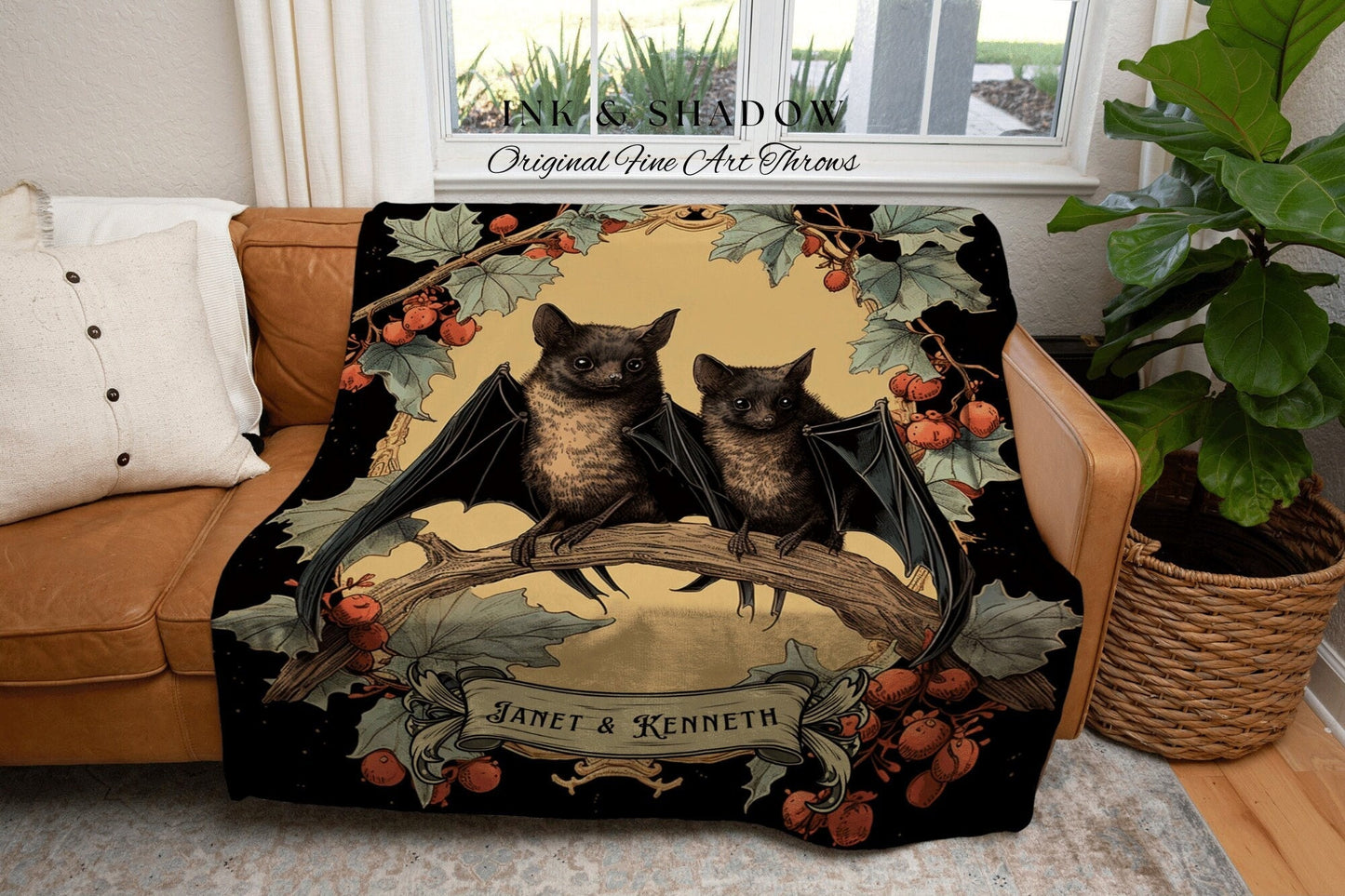 Personalized Bat Blanket Vintage Gift | Gothic Christmas Personalized Blanket Woven | Gifts for Goth Couples Holiday Bat Blanket Vintage |