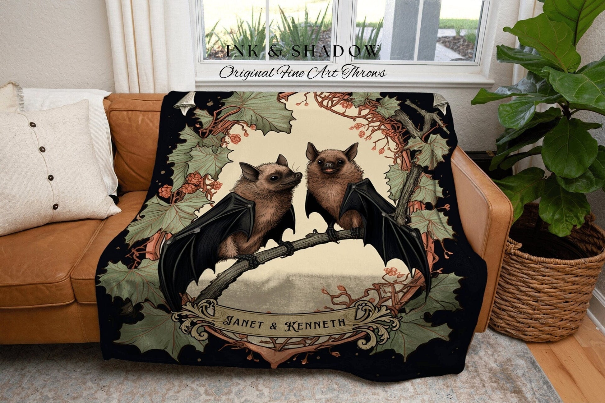 Custom Couples Blanket Personalized Gift | Gothic Christmas Personalized Blanket Woven | Gift for Goth Couples Holiday Bat Blanket Vintage