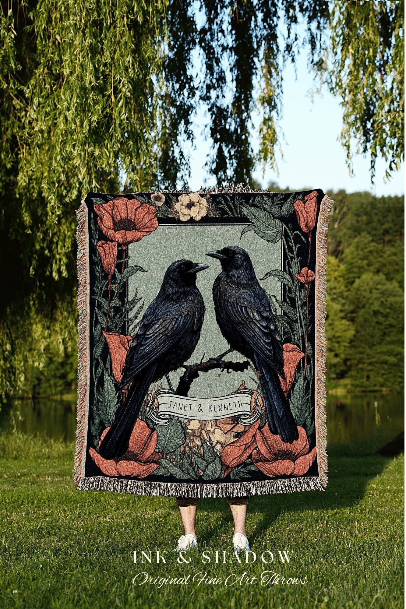 Custom Raven Blanket Couples Tapestry Personalized Gift Goth Gift Personalized Blanket Woven Tapestry Gift for Goth Couples Crowcore Decor