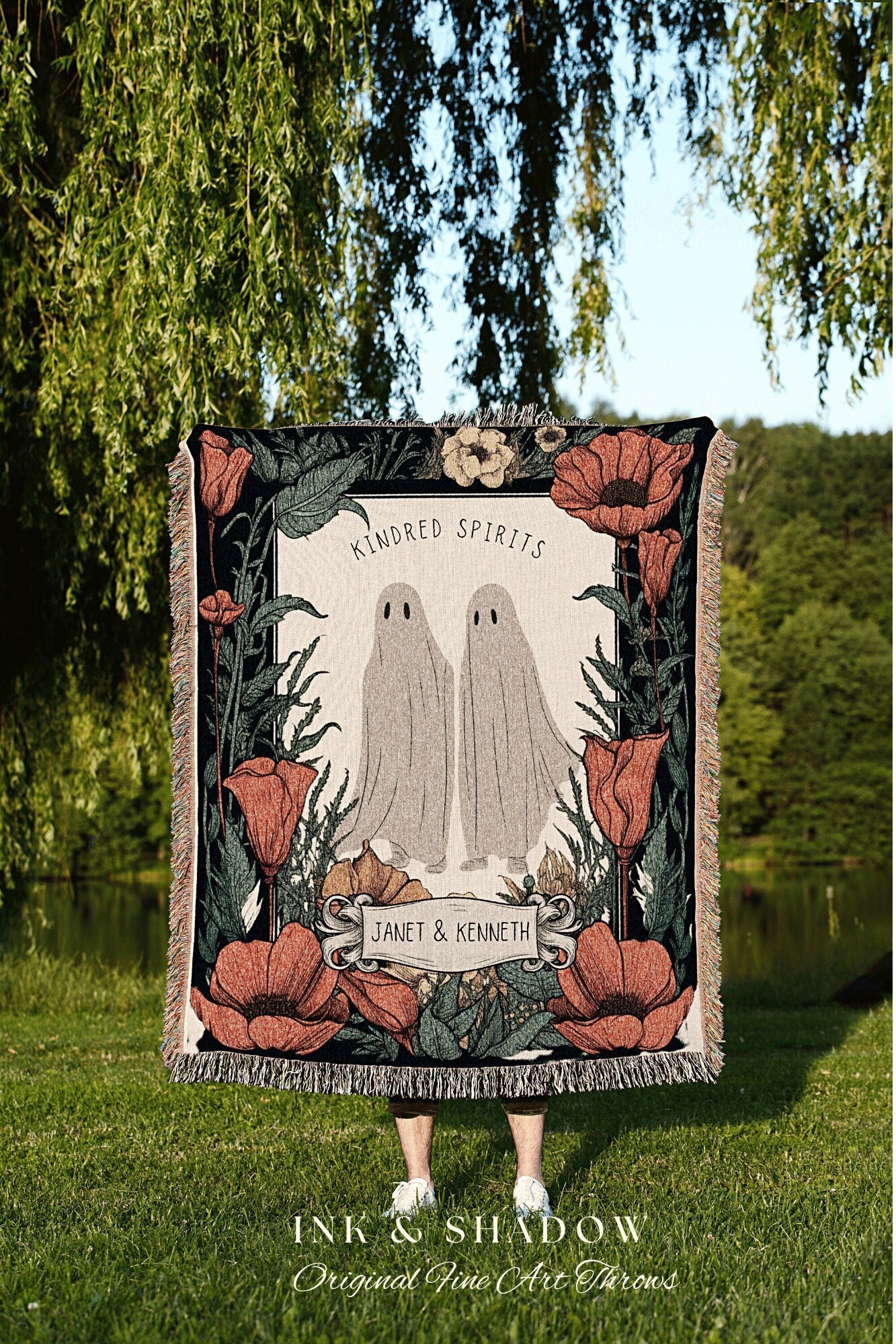 Cute Ghost Couple 'Til Death do us Part' Personalized Wedding Blanket | Spooky Halloween Tapestry Woven Ghost Gifts Thoughtful Anniversary |