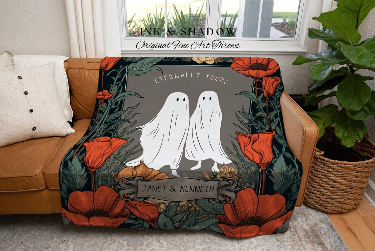 Custom 'Eternally Yours' Ghost Couple Tapestry Personalized Gift | Gothic Wedding Custom Blanket Woven | Gift Personalized Halloween Blanket