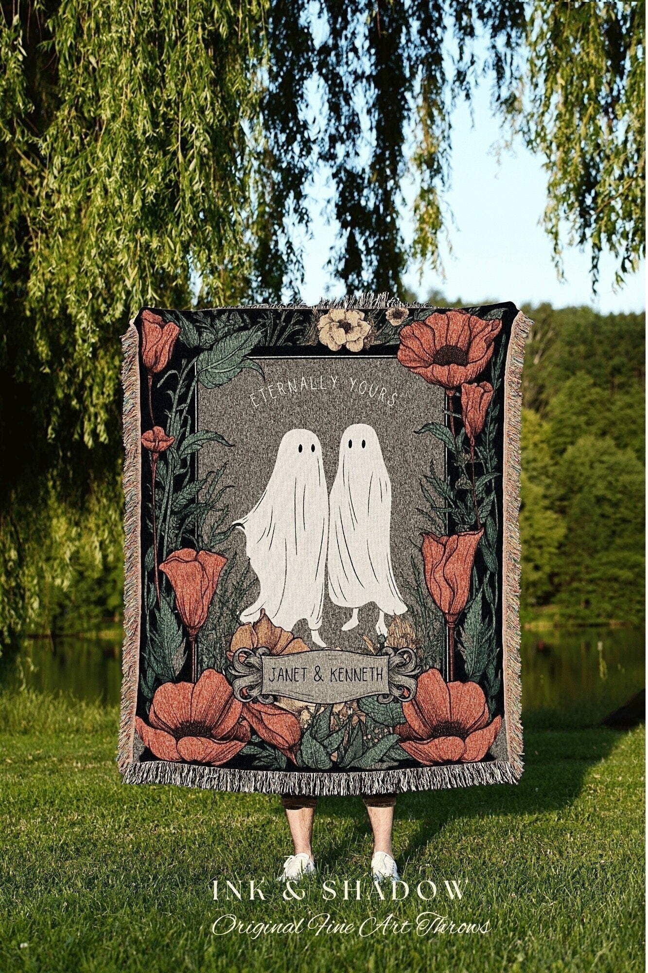 Custom 'Eternally Yours' Ghost Couple Tapestry Personalized Gift | Gothic Wedding Custom Blanket Woven | Gift Personalized Halloween Blanket