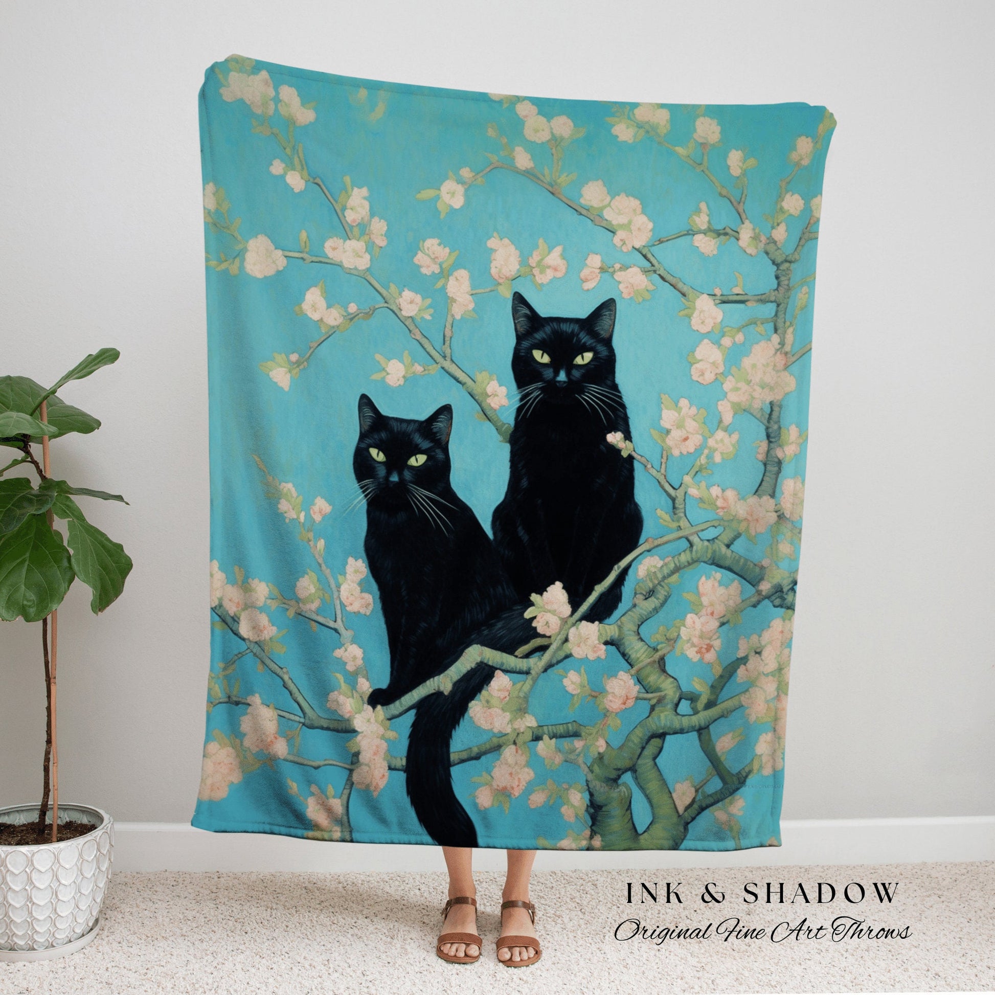 Vintage Cat Painting Tapestry | Vincent Van Gogh 'Almond Blossom" Blanket Woven | Funny Tapestry Black Cat Painting Famous Art Blanket Cute