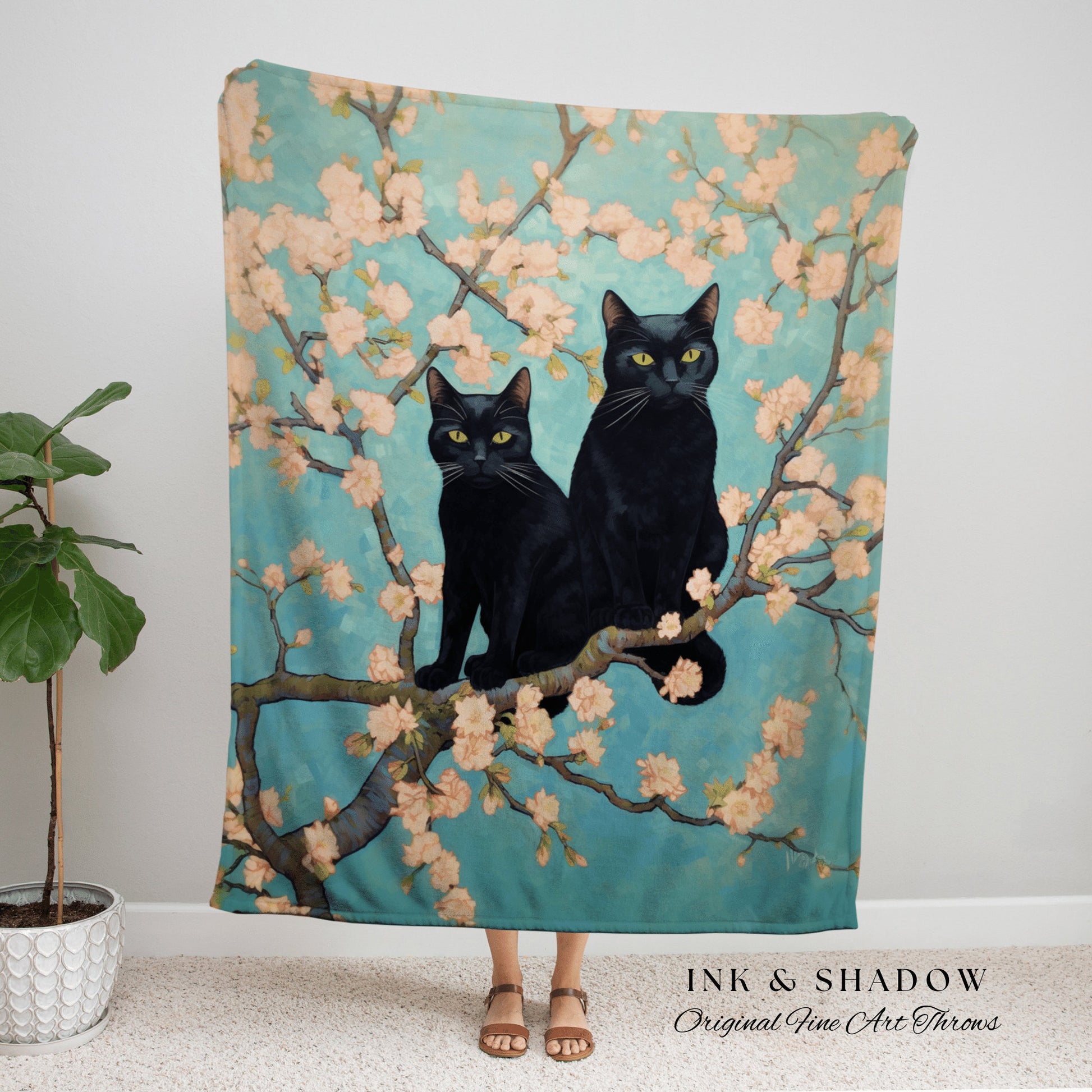 Van Gogh 'Almond Blossom" Black Cat Painting Blanket Woven | Funny Tapestry Black Cat Painting Van Gogh Inspired Art Blanket Famous Art Gift