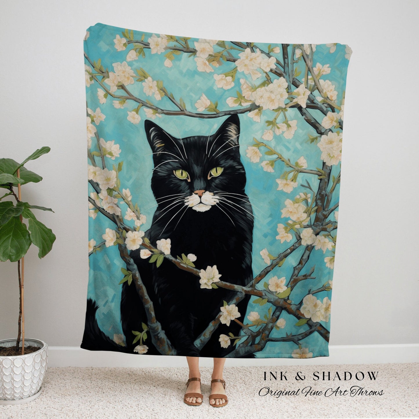 Black Cat Painting Vincent Van Gogh 'Almond Blossom" Blanket Woven | Funny Tapestry Black Cat Painting Van Gogh Inspired Blanket Famous Art