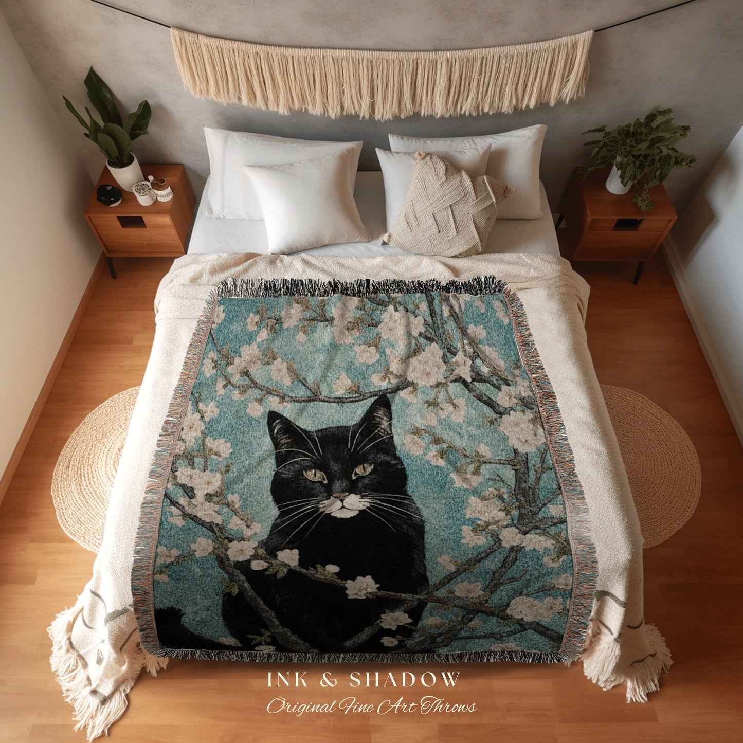 Black Cat Painting Vincent Van Gogh 'Almond Blossom" Blanket Woven | Funny Tapestry Black Cat Painting Van Gogh Inspired Blanket Famous Art