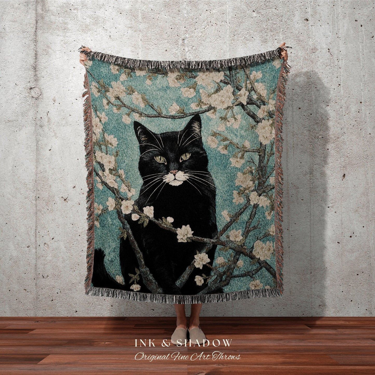 Black Cat Painting Vincent Van Gogh 'Almond Blossom" Blanket Woven | Funny Tapestry Black Cat Painting Van Gogh Inspired Blanket Famous Art