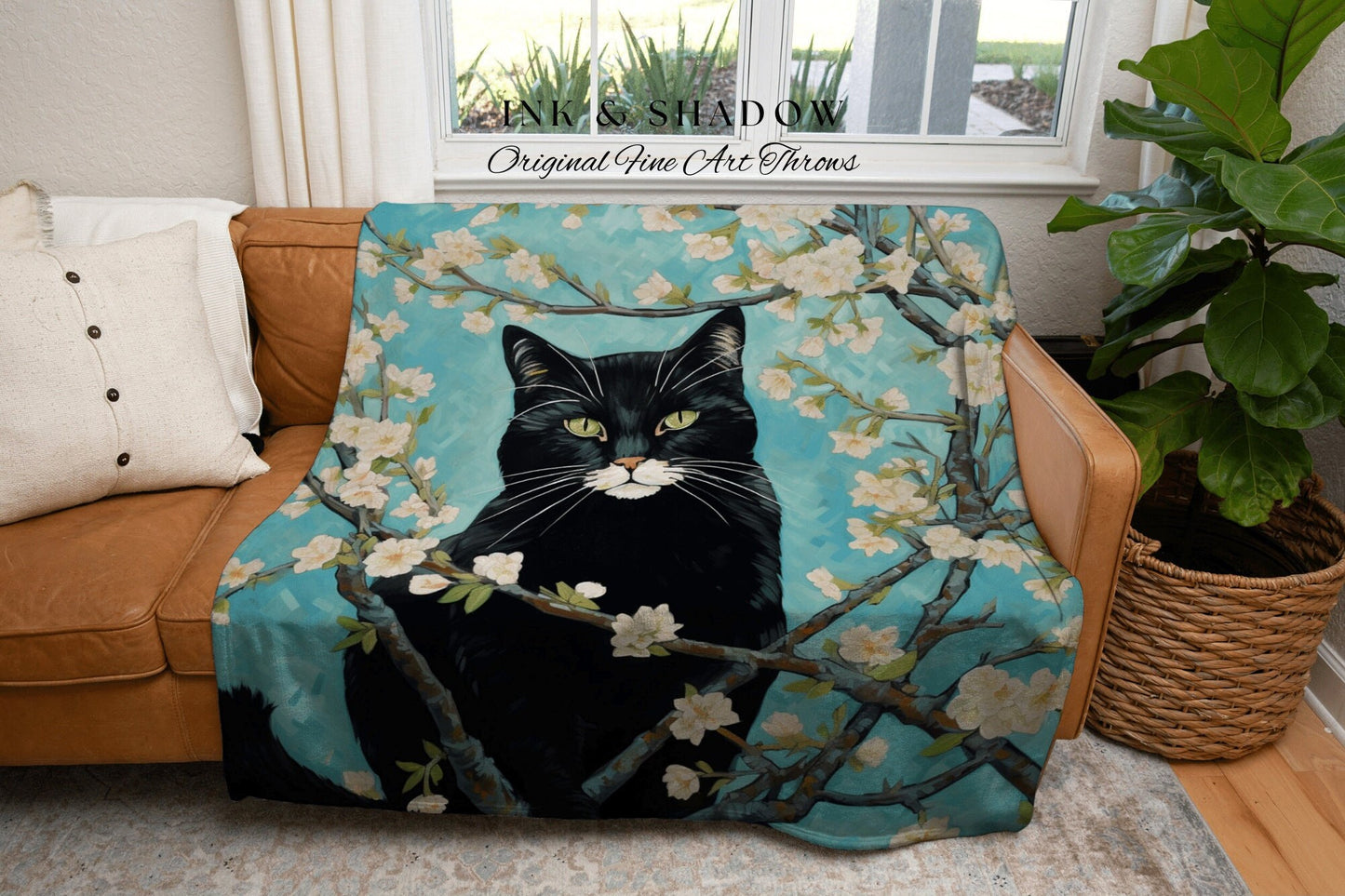 Black Cat Painting Vincent Van Gogh 'Almond Blossom" Blanket Woven | Funny Tapestry Black Cat Painting Van Gogh Inspired Blanket Famous Art