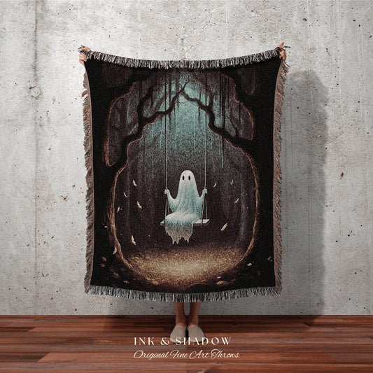 Cute Ghost on a Swing Tapestry | Fall Aesthetic Vintage Ghost Art Woven Tapestry Halloween Decor Dark Academia Wall Art Ghost Blanket Woven