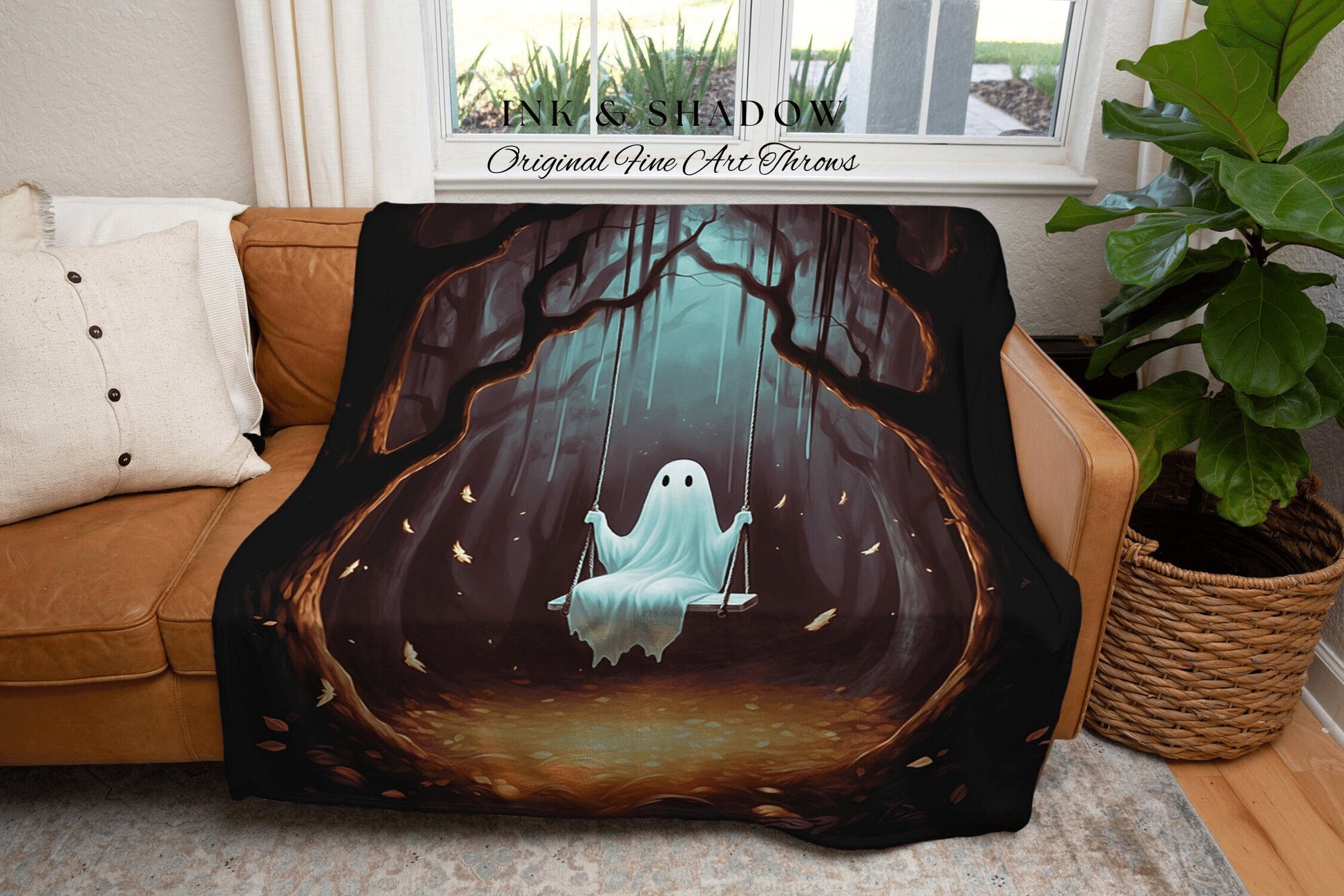 Cute Ghost on a Swing Tapestry | Fall Aesthetic Vintage Ghost Art Woven Tapestry Halloween Decor Dark Academia Wall Art Ghost Blanket Woven