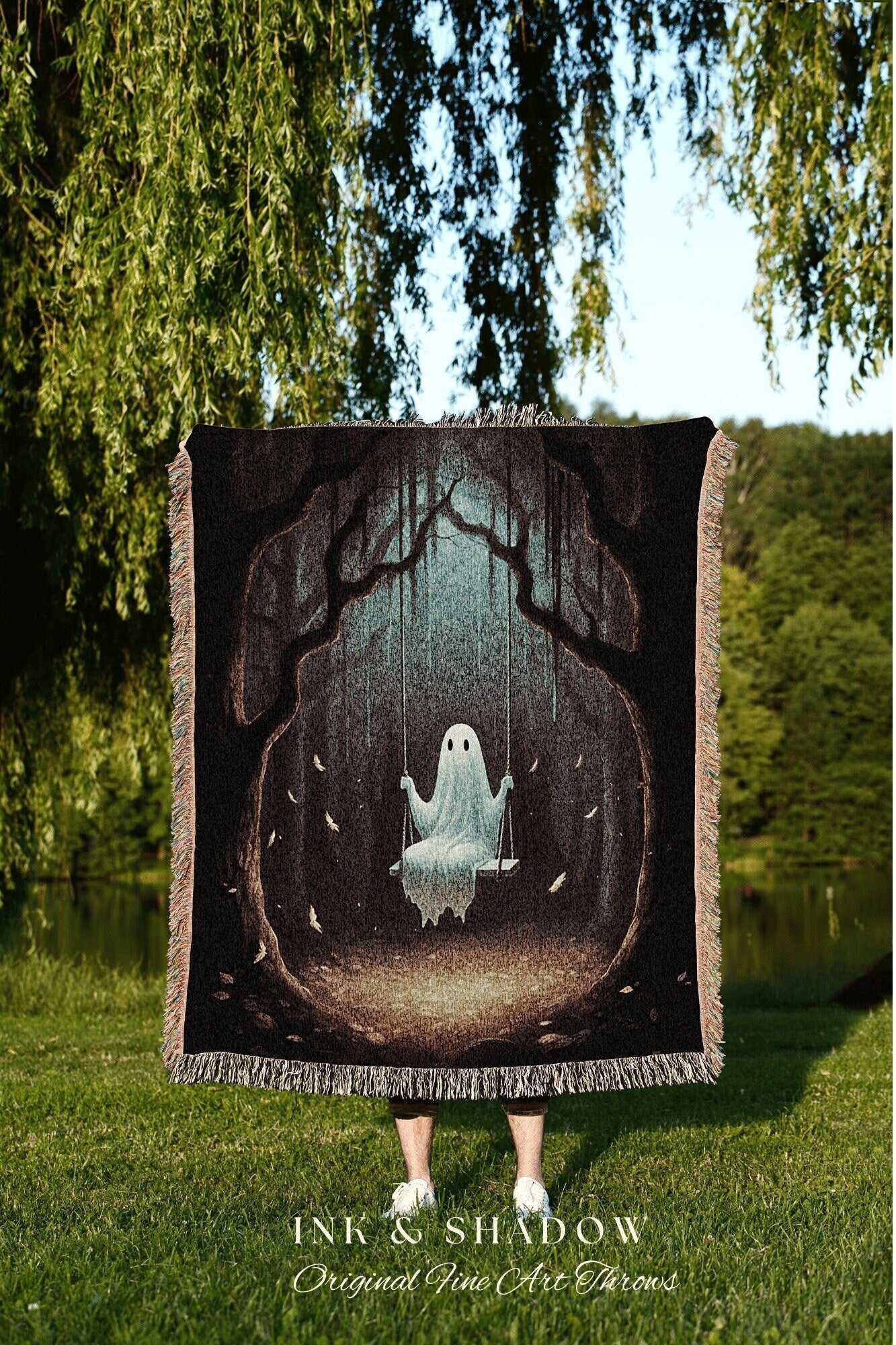 Cute Ghost on a Swing Tapestry | Fall Aesthetic Vintage Ghost Art Woven Tapestry Halloween Decor Dark Academia Wall Art Ghost Blanket Woven