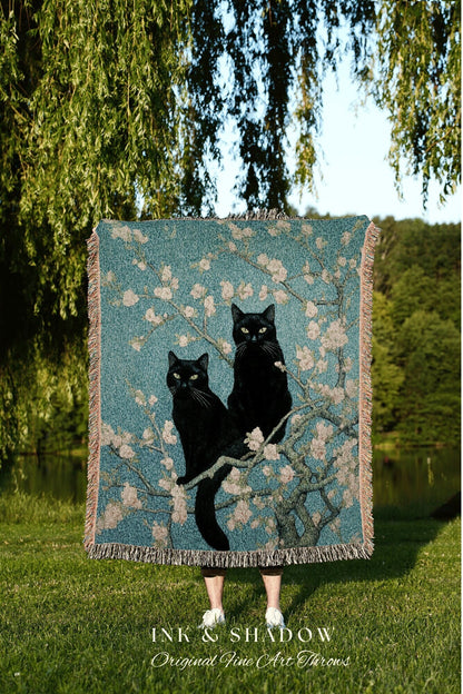 Vintage Cat Painting Tapestry | Vincent Van Gogh 'Almond Blossom" Blanket Woven | Funny Tapestry Black Cat Painting Famous Art Blanket Cute