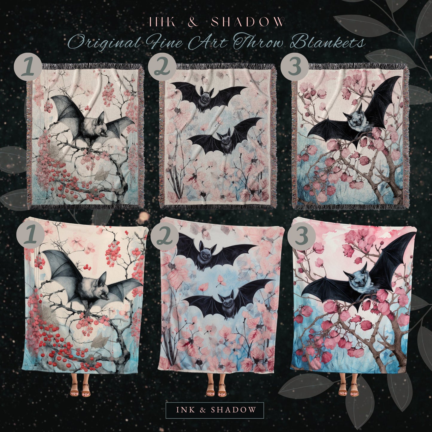 Cherry Blossom Bat Tapestry Woven Throw Blanket Pastel Decor Dark Cottagecore Art | Bat Tapestry Whimsigoth Art Gothic Decor Tapestry Woven
