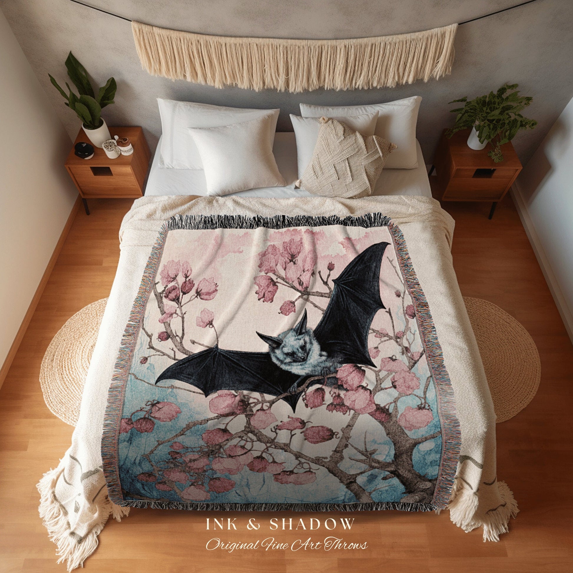 Cherry Blossom Bat Tapestry Woven Throw Blanket Pastel Decor Dark Cottagecore Art | Bat Tapestry Whimsigoth Art Gothic Decor Tapestry Woven