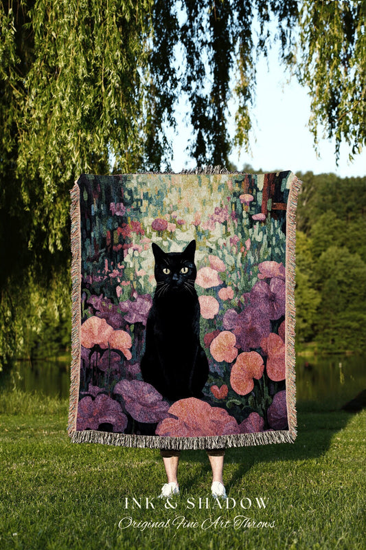 Floral Cat Tapestry Dorm Room Gothic Art Halloween Decor Tapestry Black Cat Woven Blanket | Spooky Cat Floral Decor Cottagecore Aesthetic |