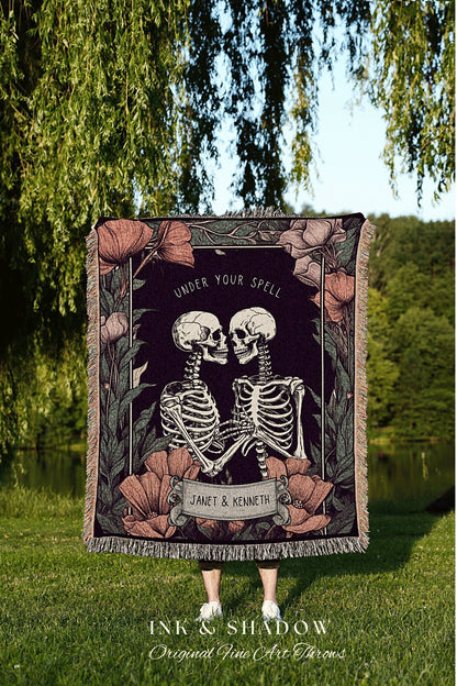 Pastel Floral Skeleton Couples Gift 'Under Your Spell' Personalized Tapestry | Gothic Wedding Custom Blanket Woven | Halloween Wedding Gift