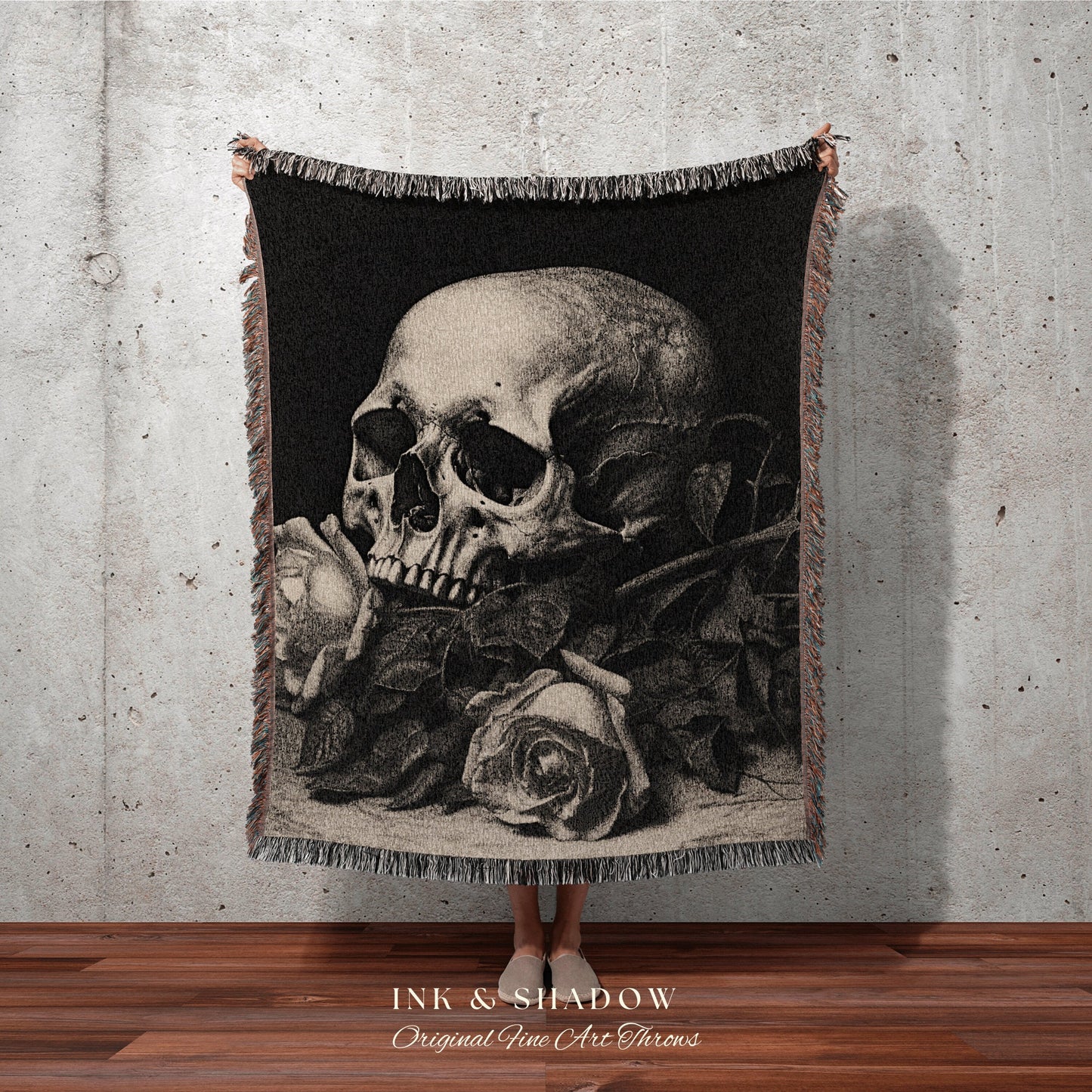 Gothic Room Decor Skull Tapestry Woven Wall Hanging | Gothic Renaissance Blanket Woven | Whimsigoth Room Decor Dark Floral Aesthetic Blanket