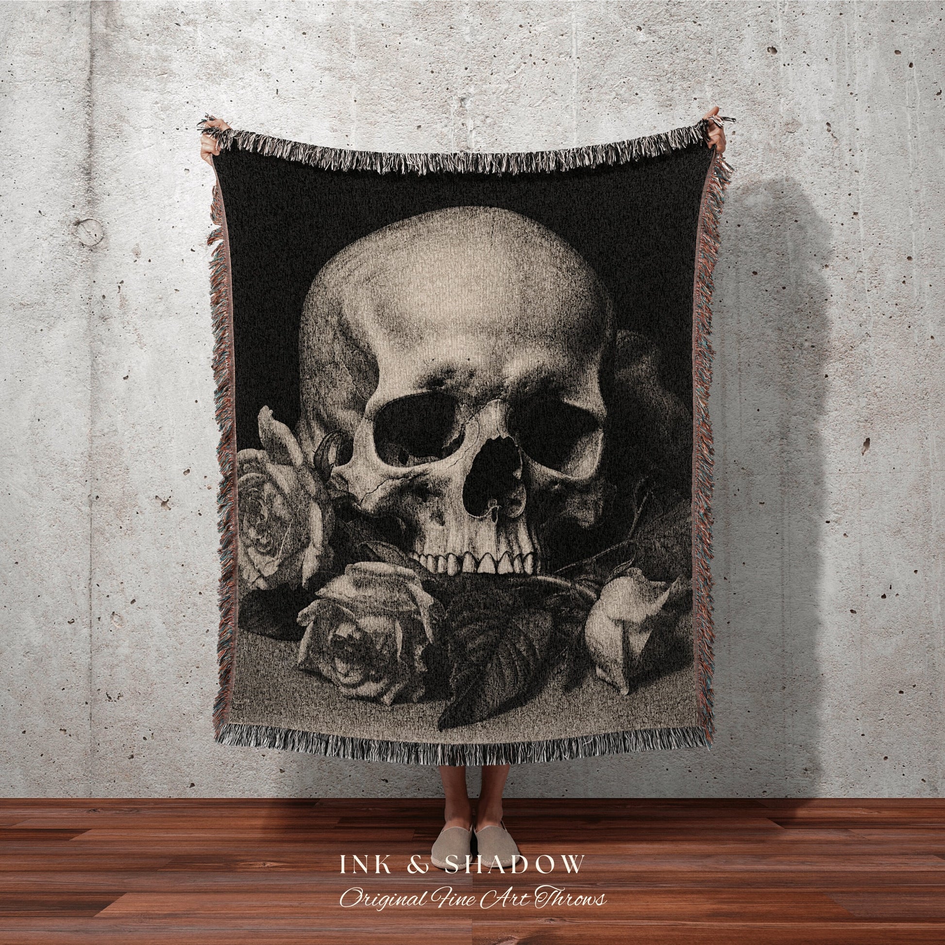 Skull Tapestry Woven Blanket | Gothic Room Decor Skull Tapestry Woven Wall Hanging | Renaissance Art Blanket Woven | Whimsigoth Room Decor |