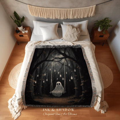 Forest Ghost Tapestry Blanket | Fall Aesthetic Vintage Ghost Art Woven Tapestry Halloween Decor Dark Academia Wall Art Ghost Blanket Woven