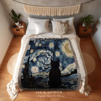 Starry Night Black Cat Tapestry | Funny Tapestry Van Gogh Inspired Throw Blanket Woven Wall Art Cat Painting Eclectic Decor Fine Art Blanket