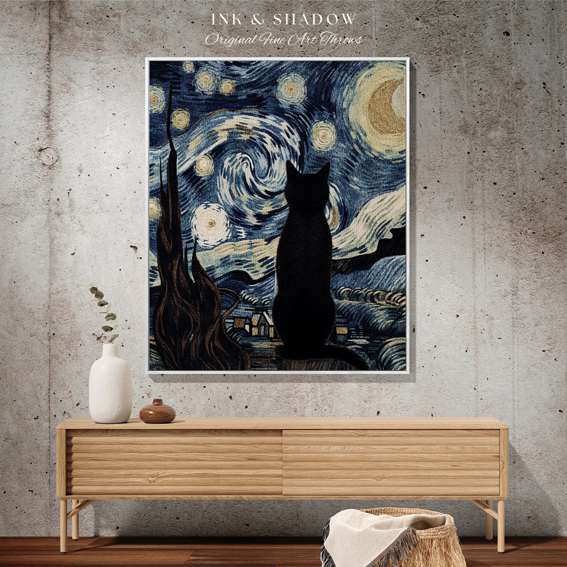 Starry Night Black Cat Tapestry | Funny Tapestry Van Gogh Inspired Throw Blanket Woven Wall Art Cat Painting Eclectic Decor Fine Art Blanket