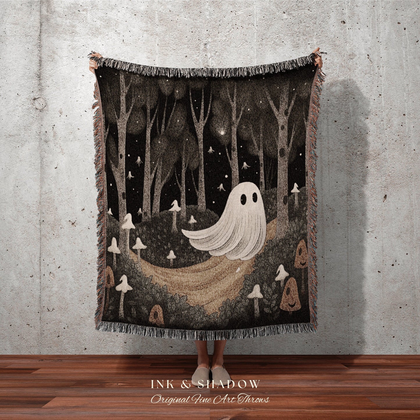 Woodland Mushroom Blanket Woven | Dark Cottagecore Room Decor Whimsical Wall Art Woodland Ghost Painting Mushroom Wall Art Whimsigoth Decor